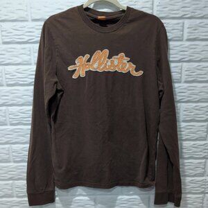 Hollister Shirt Adult Med Brown 100% Cotton Distressed Patch Orange Mens Y2K